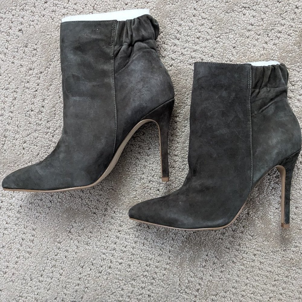 Suede Pointed Toe High-Heeled Booties with Black Ruching Detail.  NWT.  Olive.